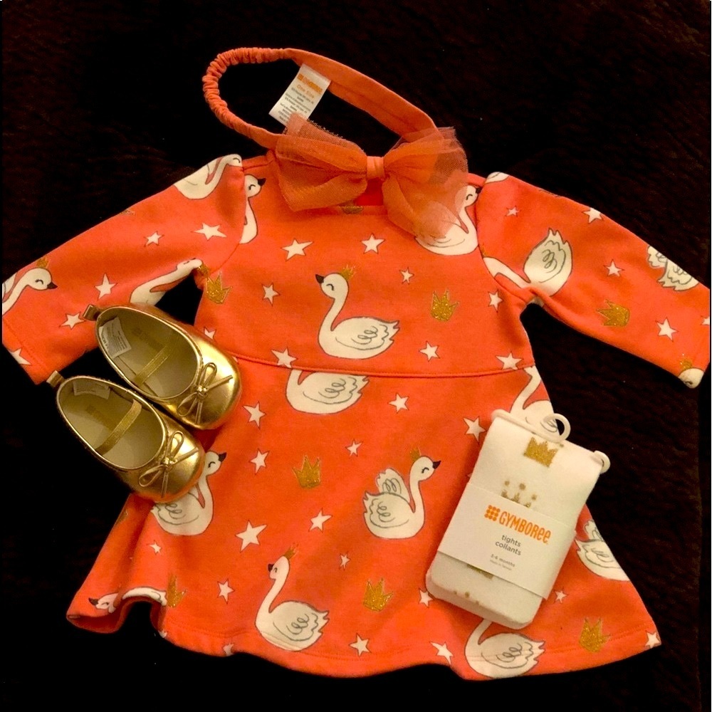 Gymboree Nwt Dress 4 Piece Swan Dress Tights Shoes And Headband Sz 3-6 months